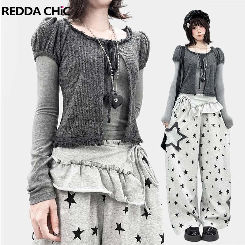 Shirts - REDDACHiC Puff Sleeve Cardigan Top Two-piece