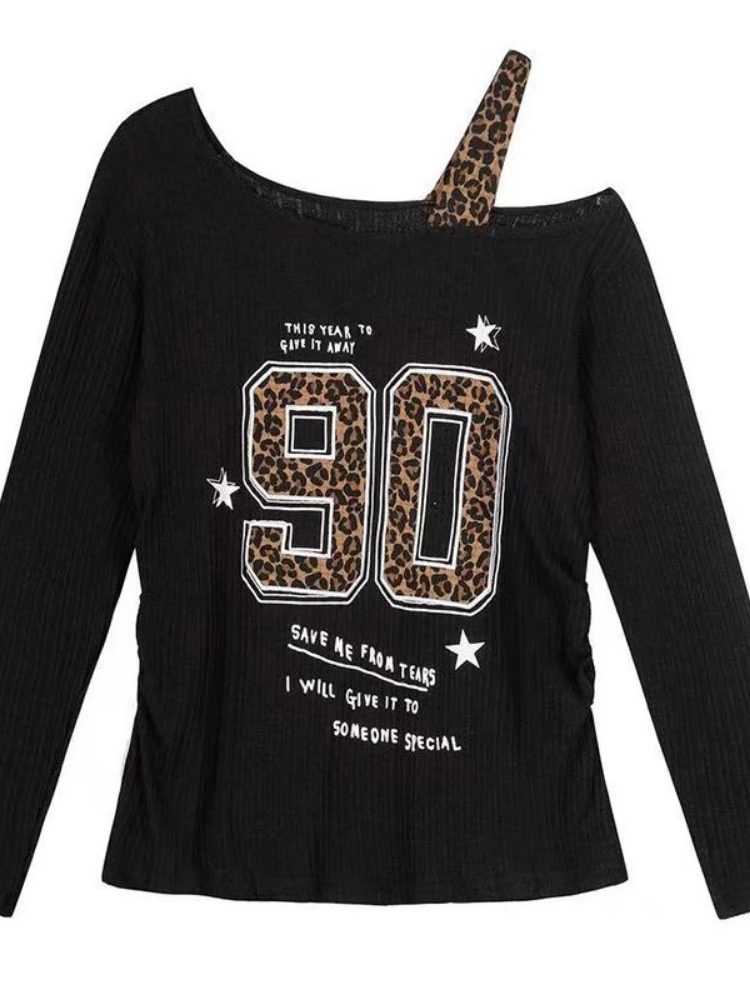 Shirts - Y2K Patchwork Leopard Print T-Shirt Women