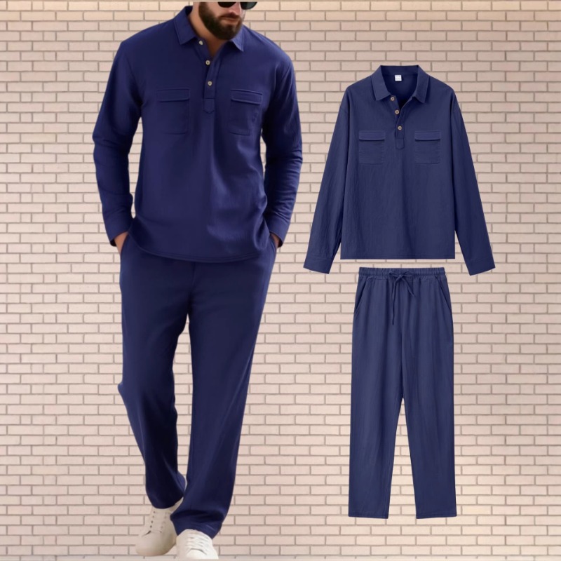Mens Linen Shirt Long Sleeve - Mens Linen Blend Two Piece Set