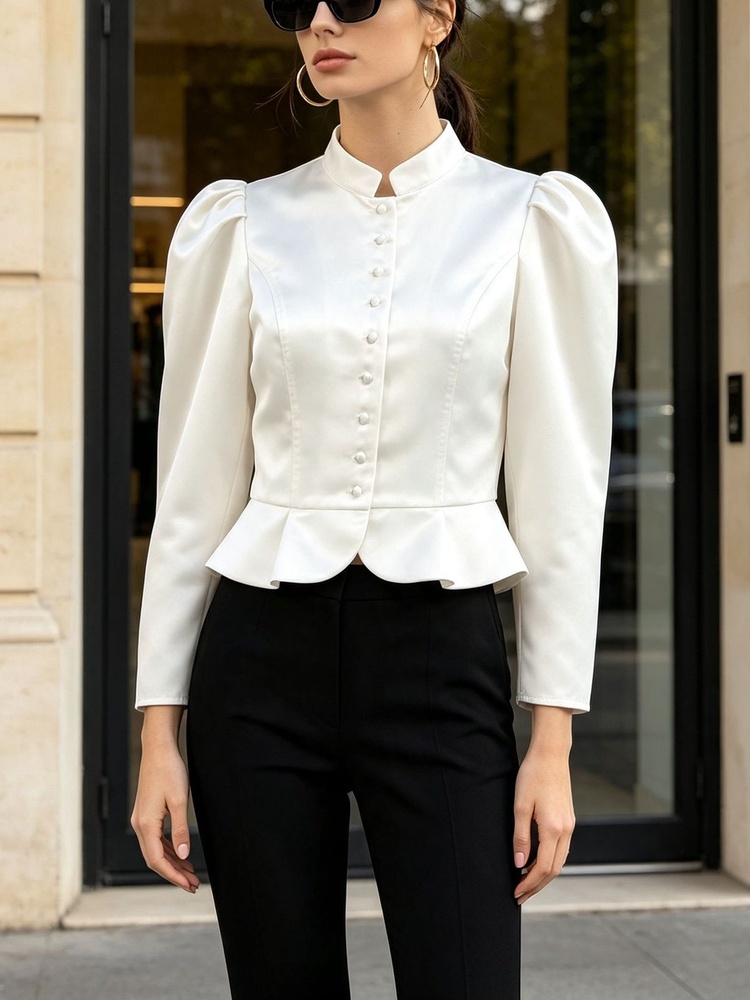 Peplum Blouse Long Sleeve Puff - Mandarin Collar Formal Shirt Slim Fit review and price